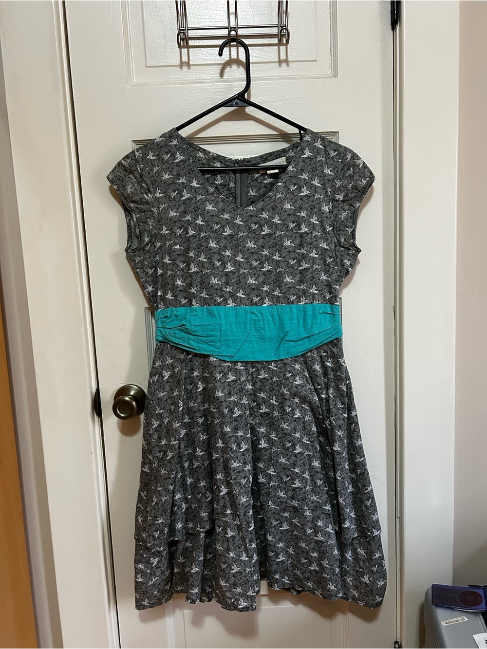 Mata Traders Grey Dress with Origami Bird Design and Teal Waist Panel, Medium